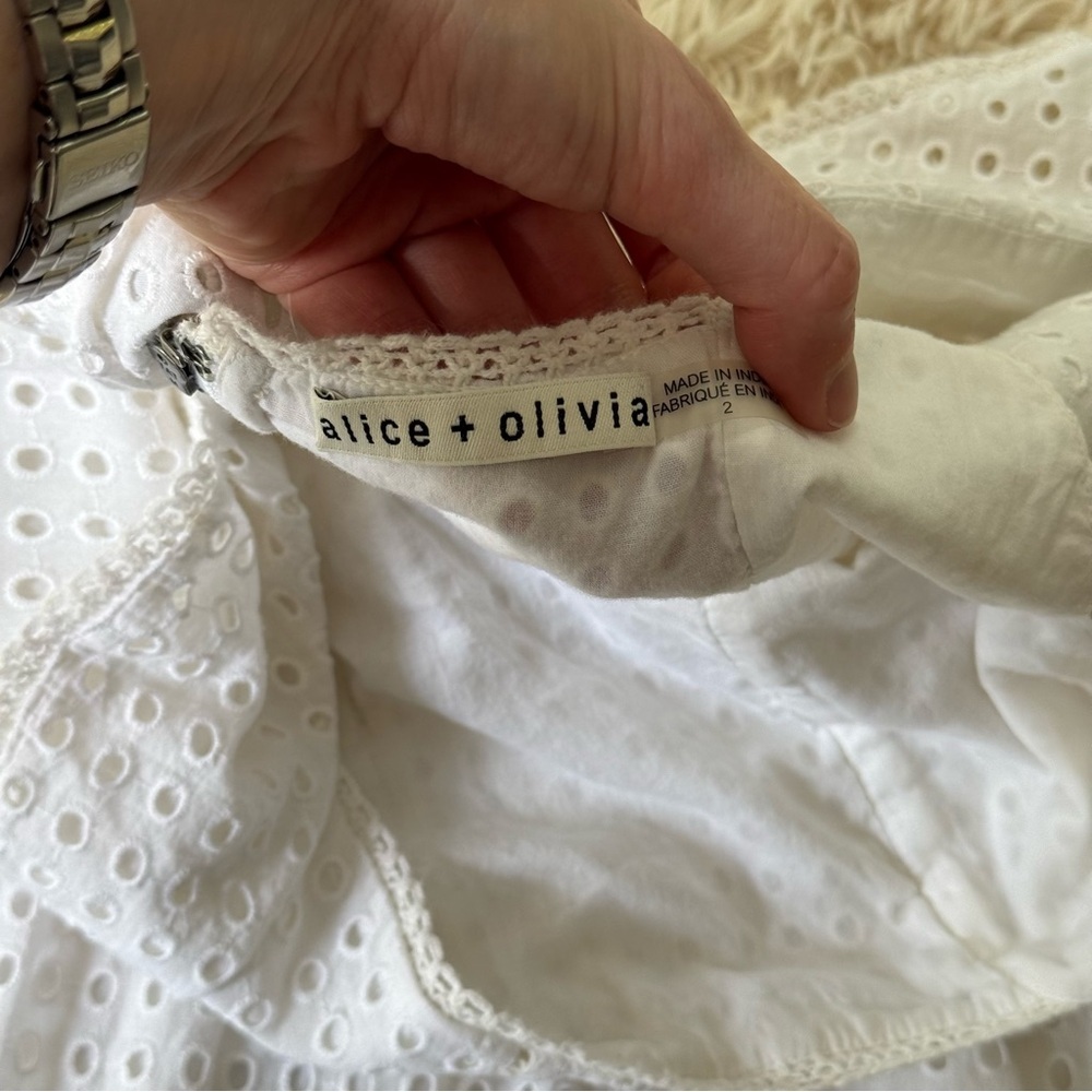 Alice + Olivia Remada White Eyelet Ruffle Cotton Mini Dress Sz 2 square neck - Picture 8 of 9
